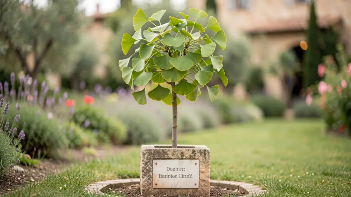 Generic image of a young tree with a commemorative plaque in a garden.