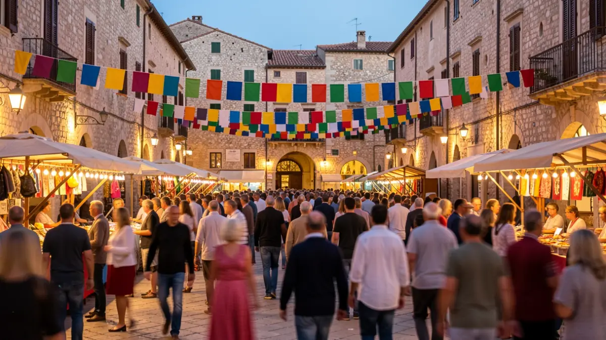 Generic image of a street festival in a historic Mediterranean town square at dusk.