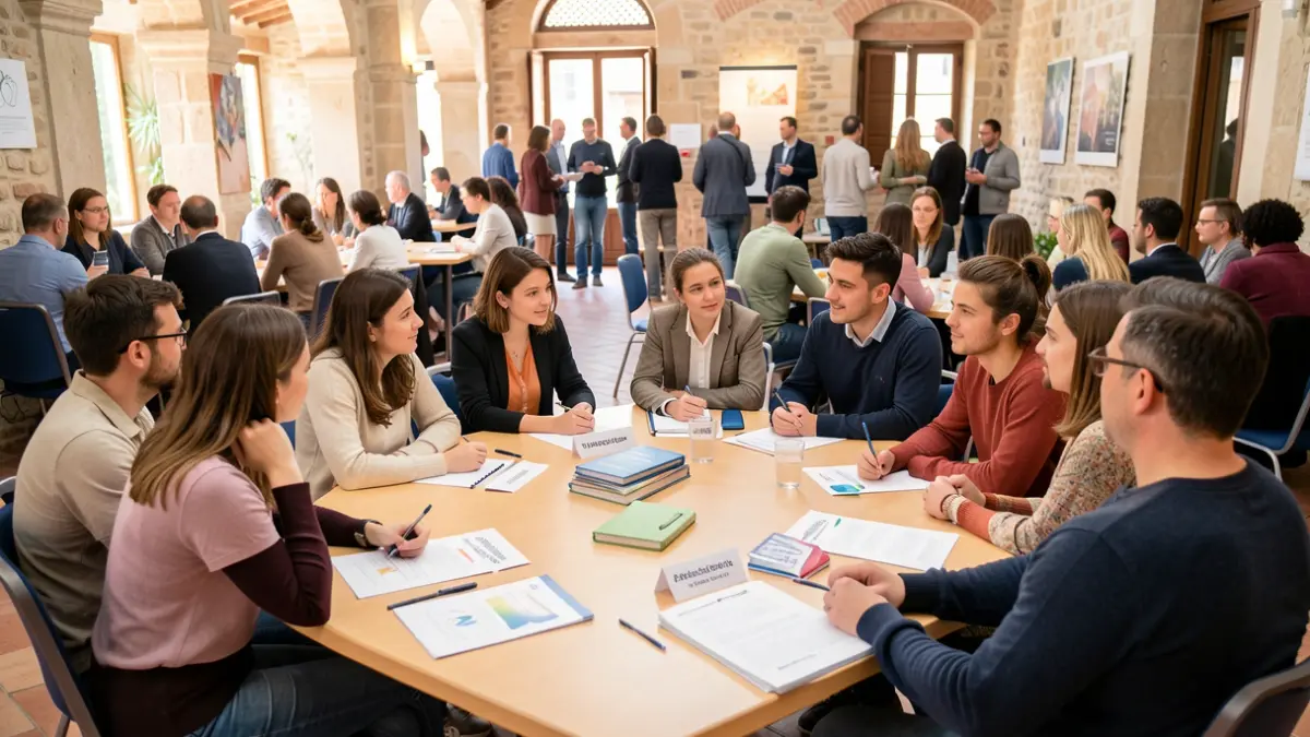Generic image of a group of people participating in a conference on mental health and education.