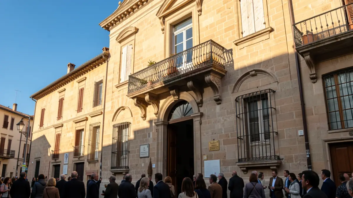 Generic image of a Mediterranean town hall facade with a balcony and iron railings, afternoon light.