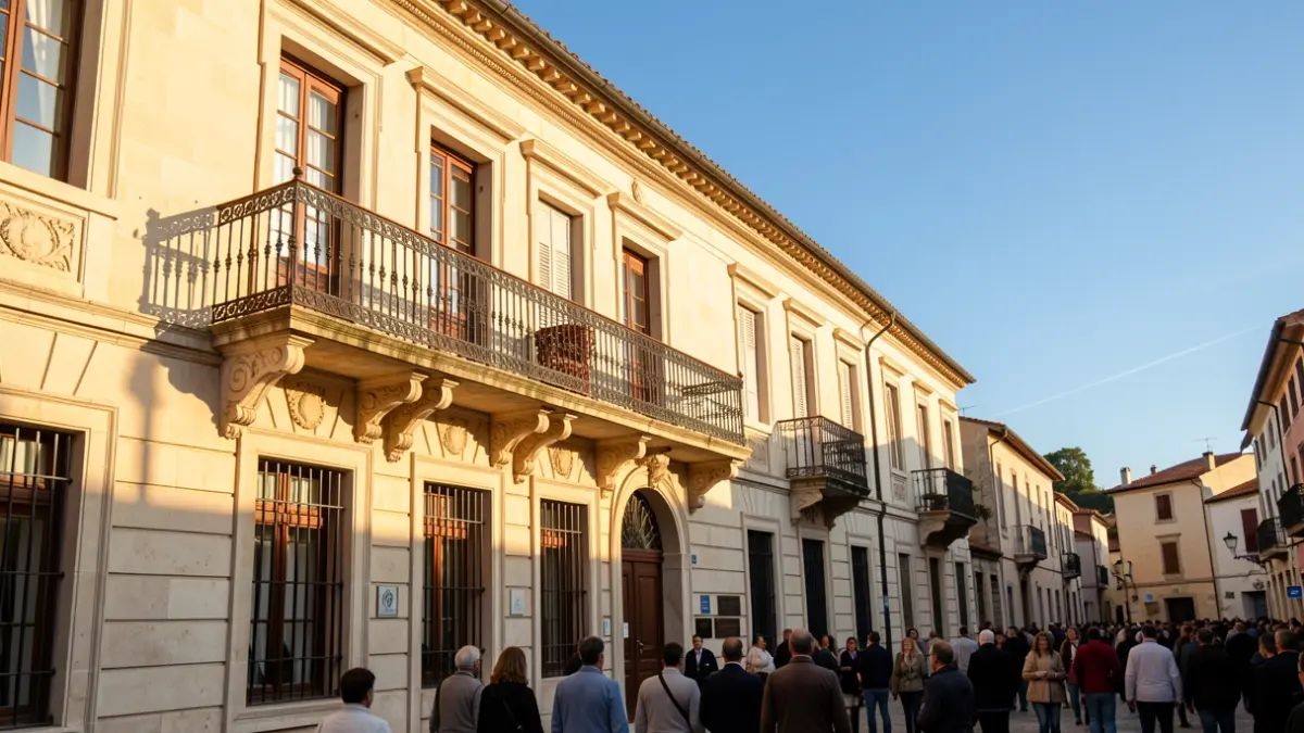 Imagen genérica de la fachada de un ayuntamiento mediterráneo con balcón y cielo azul.