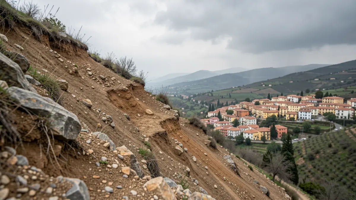 Imagen genérica de terrenos inestables y una población en una zona de riesgo geológico.
