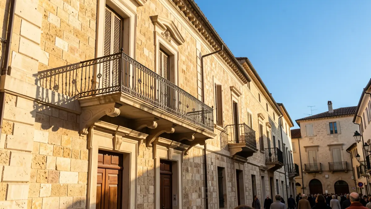 Generic image of a Mediterranean town hall facade with a balcony and iron railings, afternoon light.
