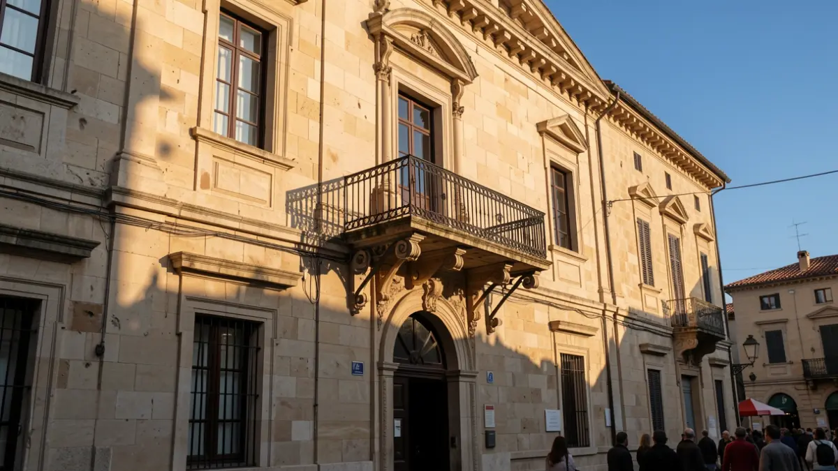 Imagen genérica de la fachada de un ayuntamiento mediterráneo con balcón y barandillas de hierro, iluminado por el sol de la tarde.