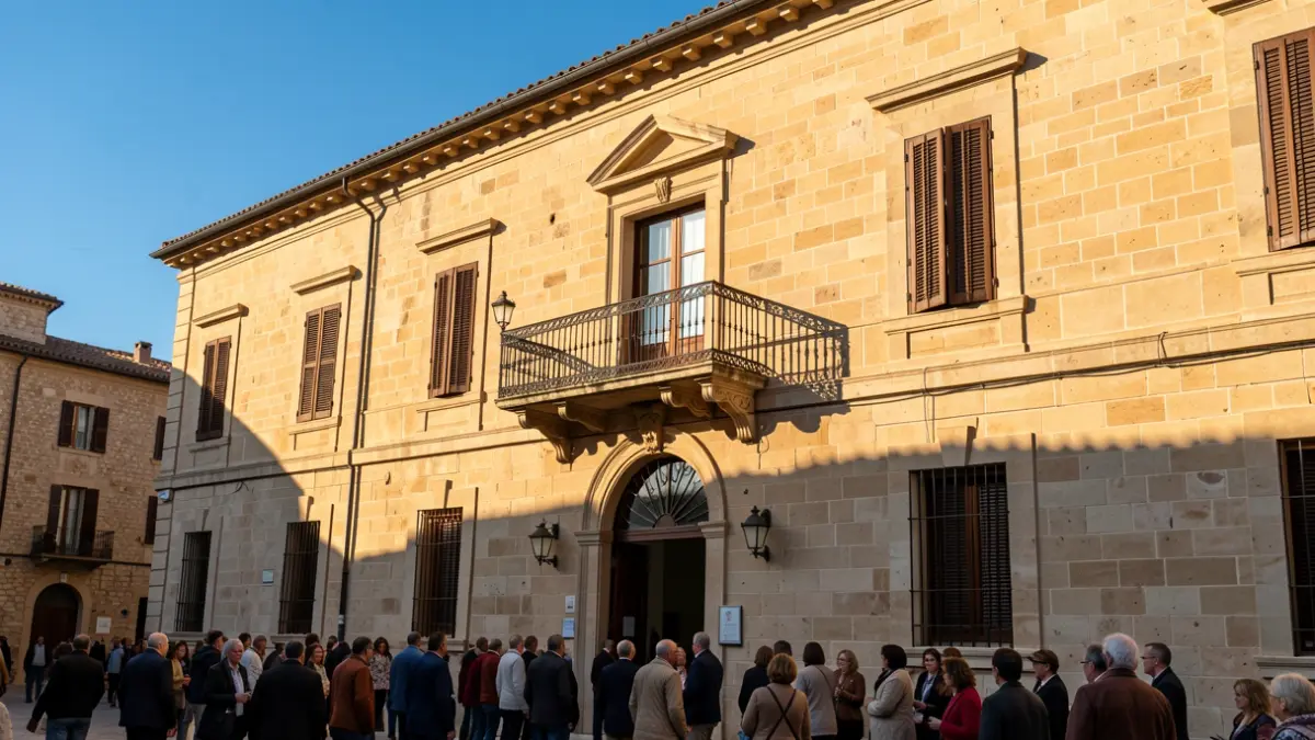 Generic image of a Mediterranean town hall facade with a balcony and iron railings, illuminated by warm afternoon light.