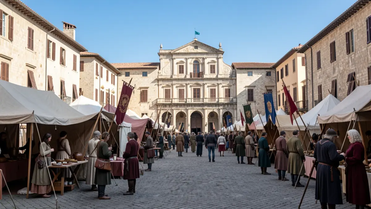 Generic image of a medieval encampment in front of a municipal building.