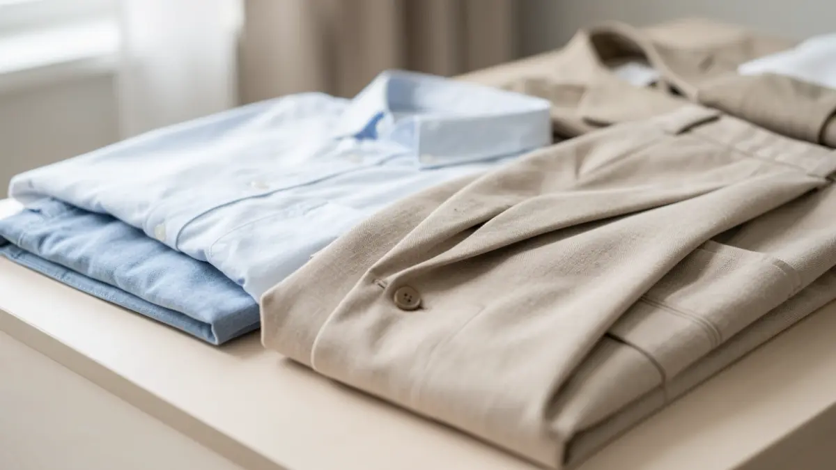 Generic image of a capsule wardrobe with neutral clothing items.