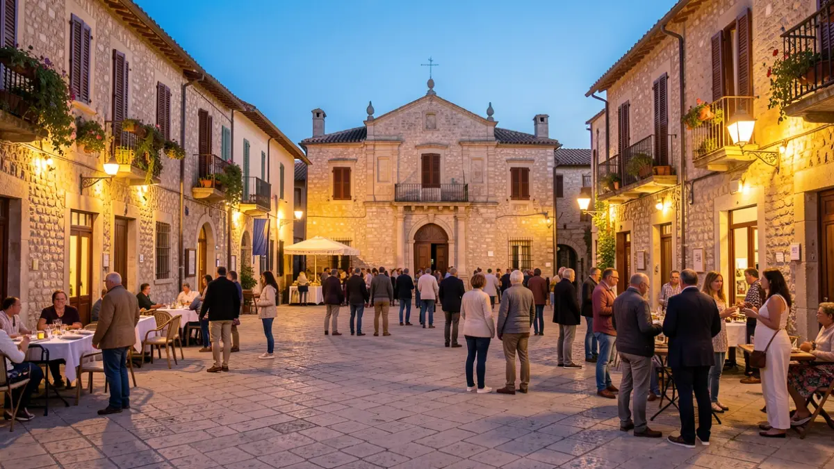 Generic image of a Mediterranean square with the town hall illuminated at dusk.