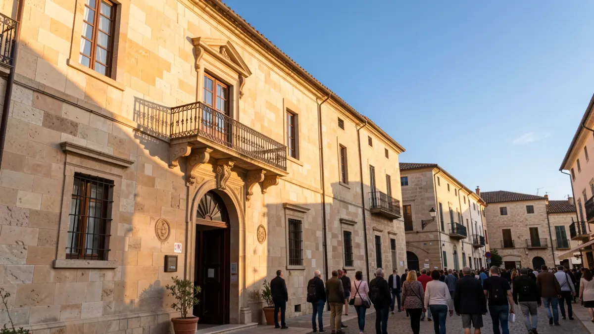 Generic image of a Mediterranean town hall facade with a balcony and iron railings, illuminated by warm afternoon light.
