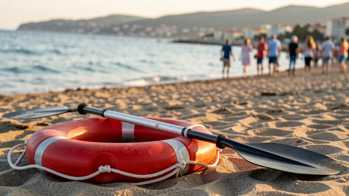 Imatge genèrica d'un salvavides i una pala de caiac a la platja.