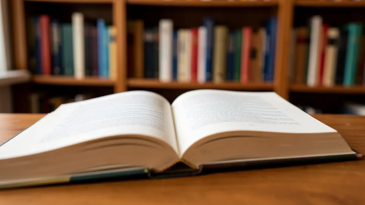 Imatge genèrica d'un llibre obert sobre una taula amb prestatgeries al fons.