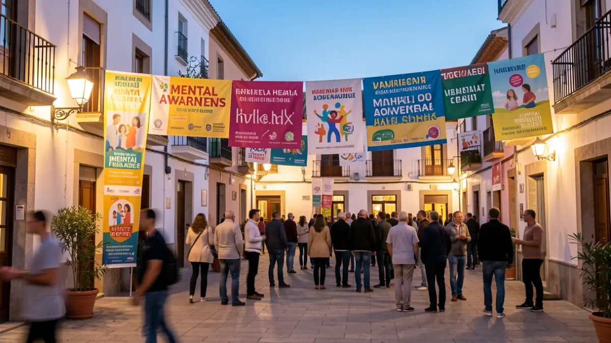 Imatge genèrica d'una plaça mediterrània il·luminada al vespre, amb cartells anunciant un esdeveniment de salut mental.