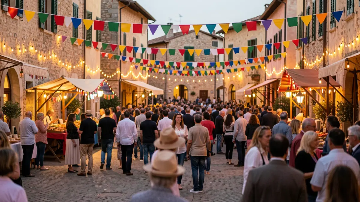 Generic image of a Valencian town square decorated for a festival, with banners and lights.