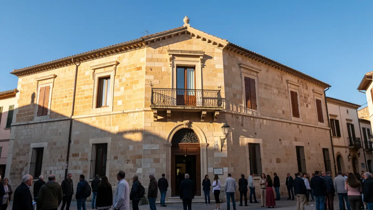 Generic image of a Mediterranean town hall facade with a balcony and sunlight.