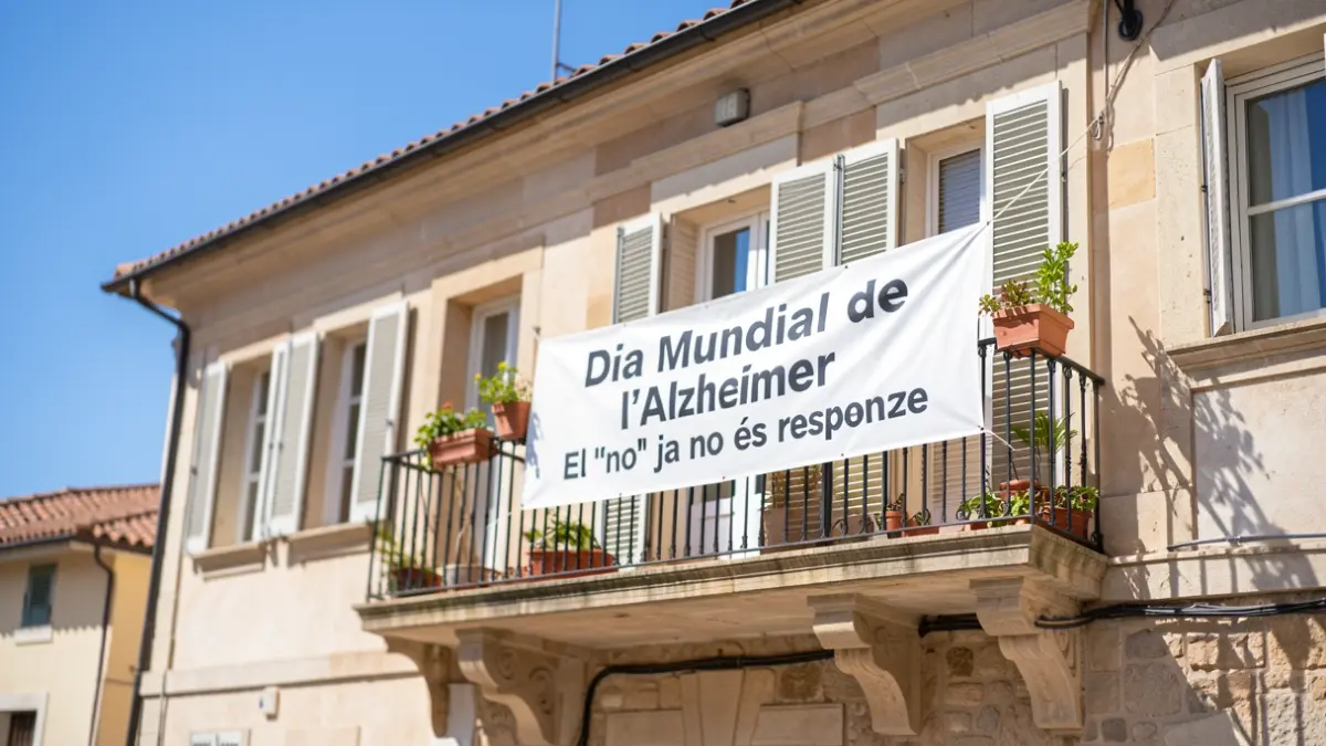 Generic image of a commemorative banner for World Alzheimer's Day displayed on a town hall balcony.