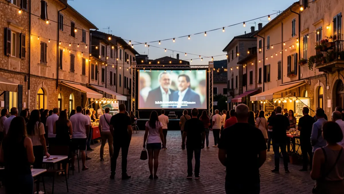 Imatge genèrica d'un festival de cinema a l'aire lliure en una plaça mediterrània al capvespre.