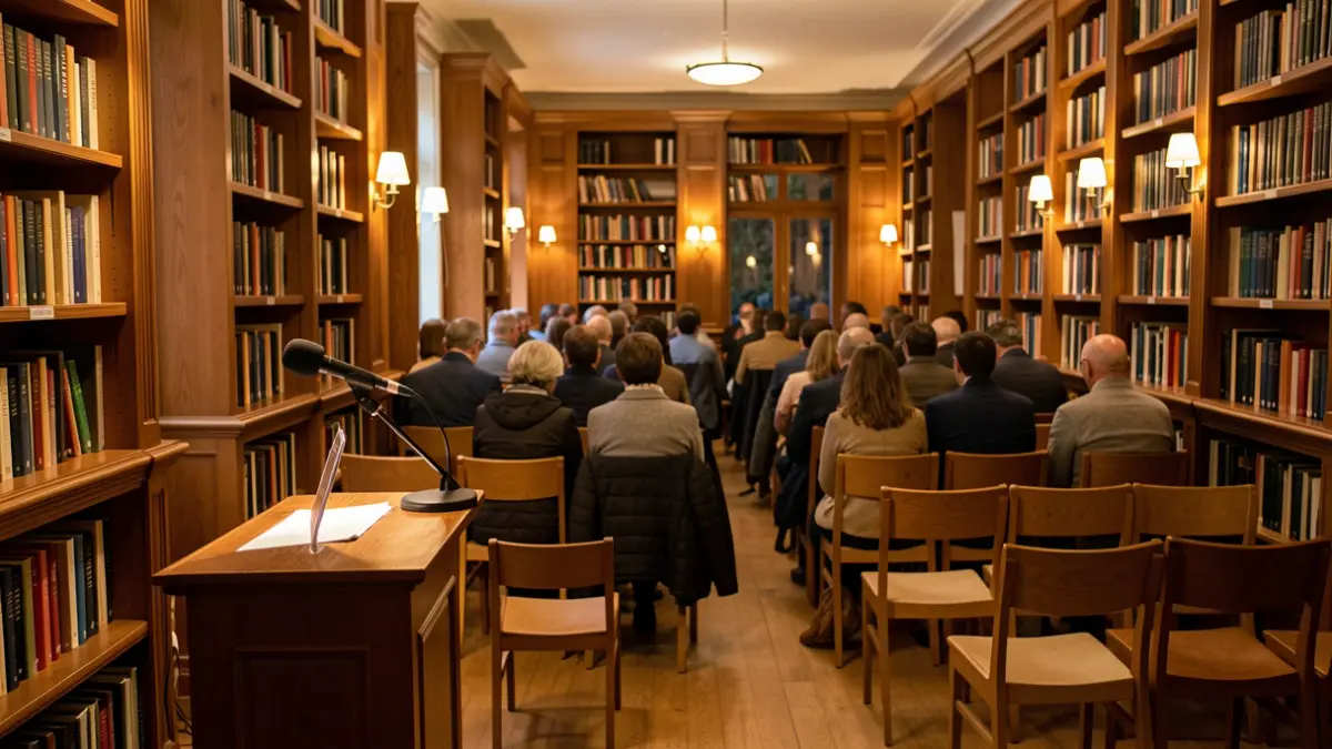 Stage of a cultural gala with a microphone and chairs in an auditorium, warm and professional atmosphere.
