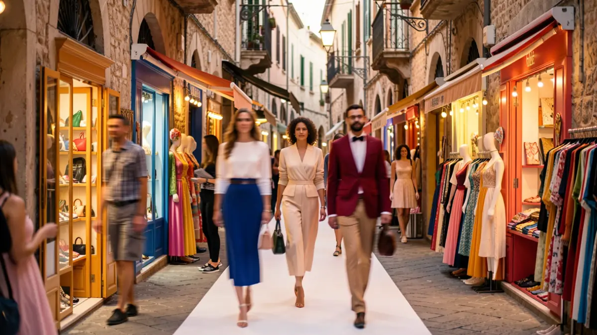 Generic image of a Mediterranean street transformed into a fashion runway with local shops.