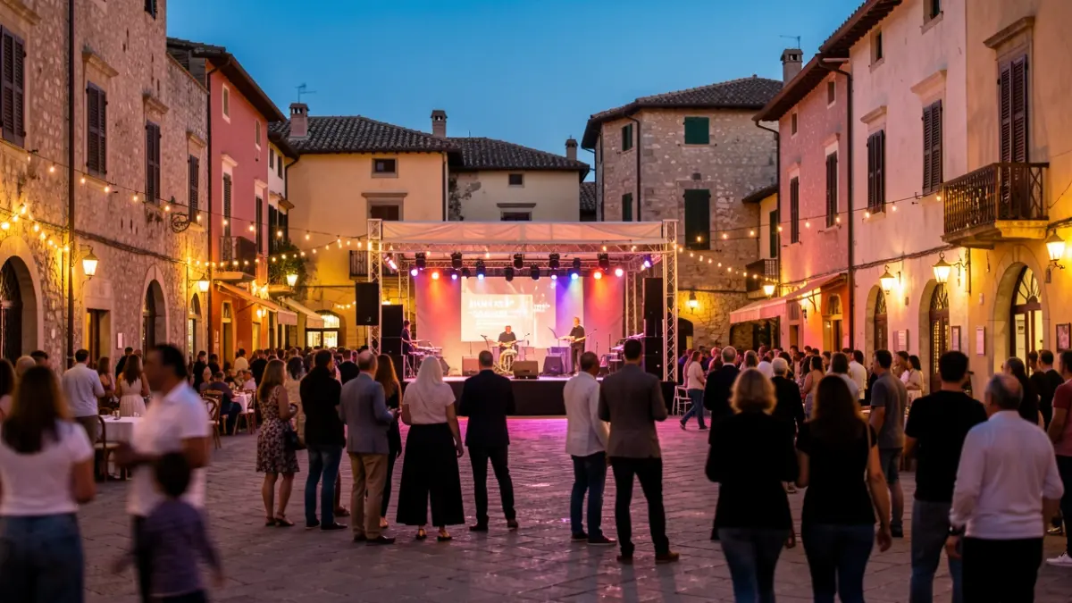 Imatge genèrica d'una plaça de poble mediterrani il·luminada per a un esdeveniment nocturn.