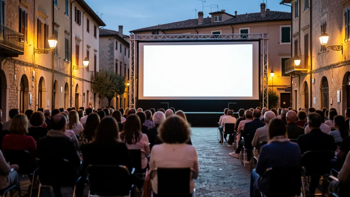 Generic image of an outdoor cinema screening in a Mediterranean urban setting.
