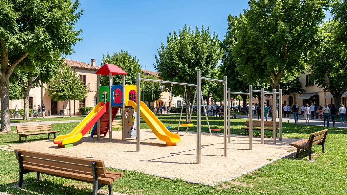 Generic image of a renovated public park with a children's area, fitness zone, and multi-sport court.