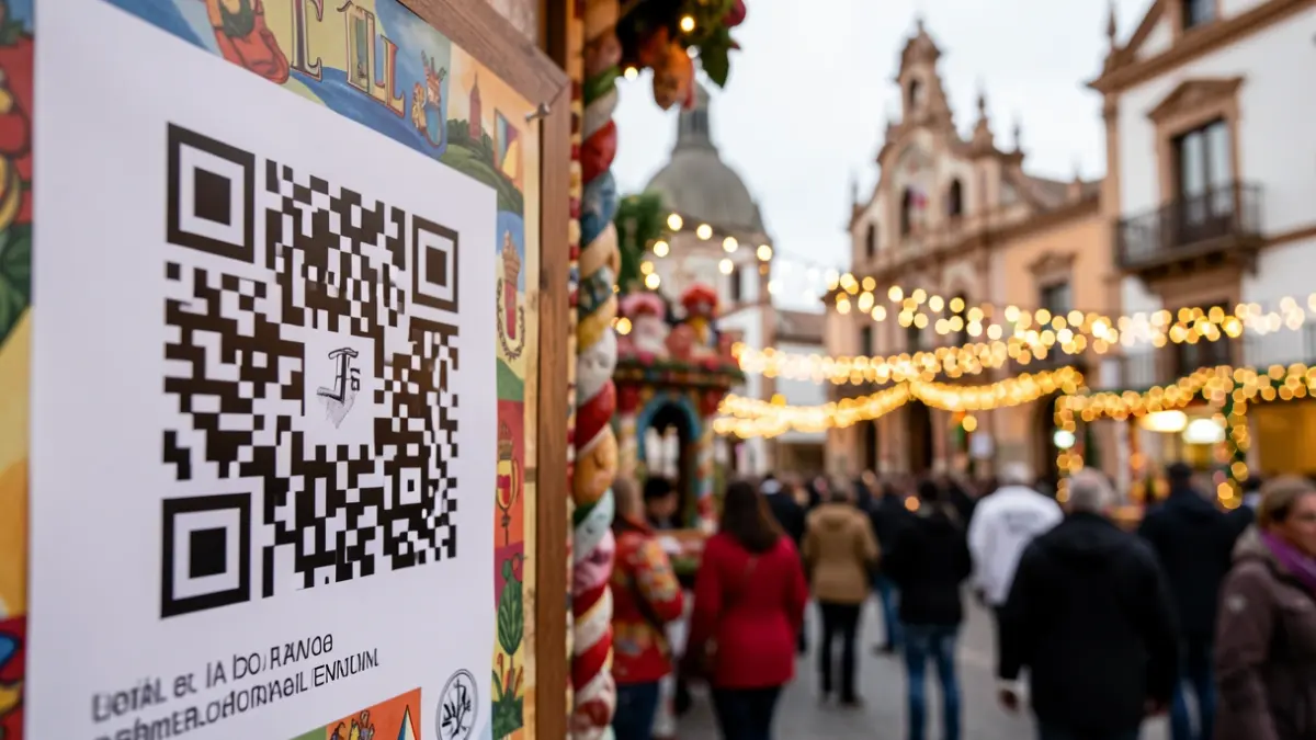 QR code on an Elda Fallas monument poster with Valencian architecture in the background.