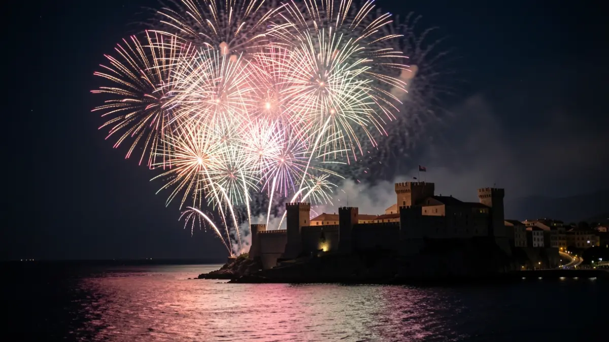 Generic image of a fireworks display over the sea illuminating the Peníscola castle.