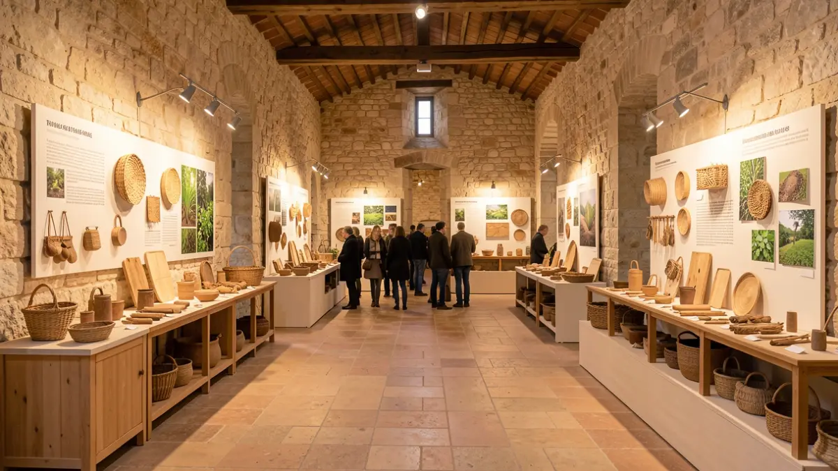 Imatge genèrica d'una sala d'exposicions amb elements de sostenibilitat i artesania.