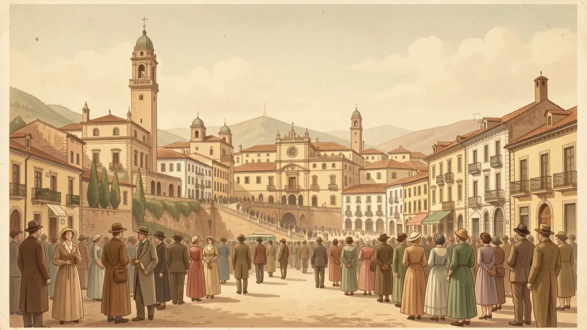 Il·lustració d'estil vintage dels anys trenta amb elements turístics d'Alcoi.
