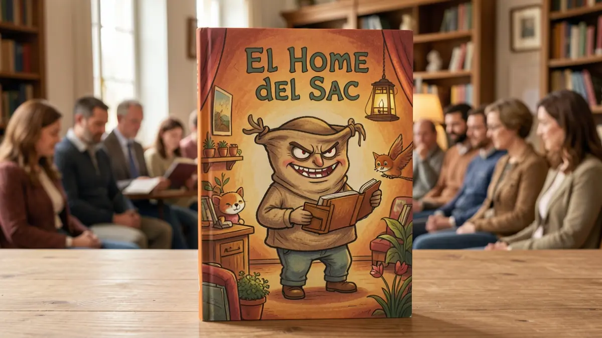 Ilustración de la portada de un libro infantil titulado 'El Hombre del Saco', con una figura estilizada.