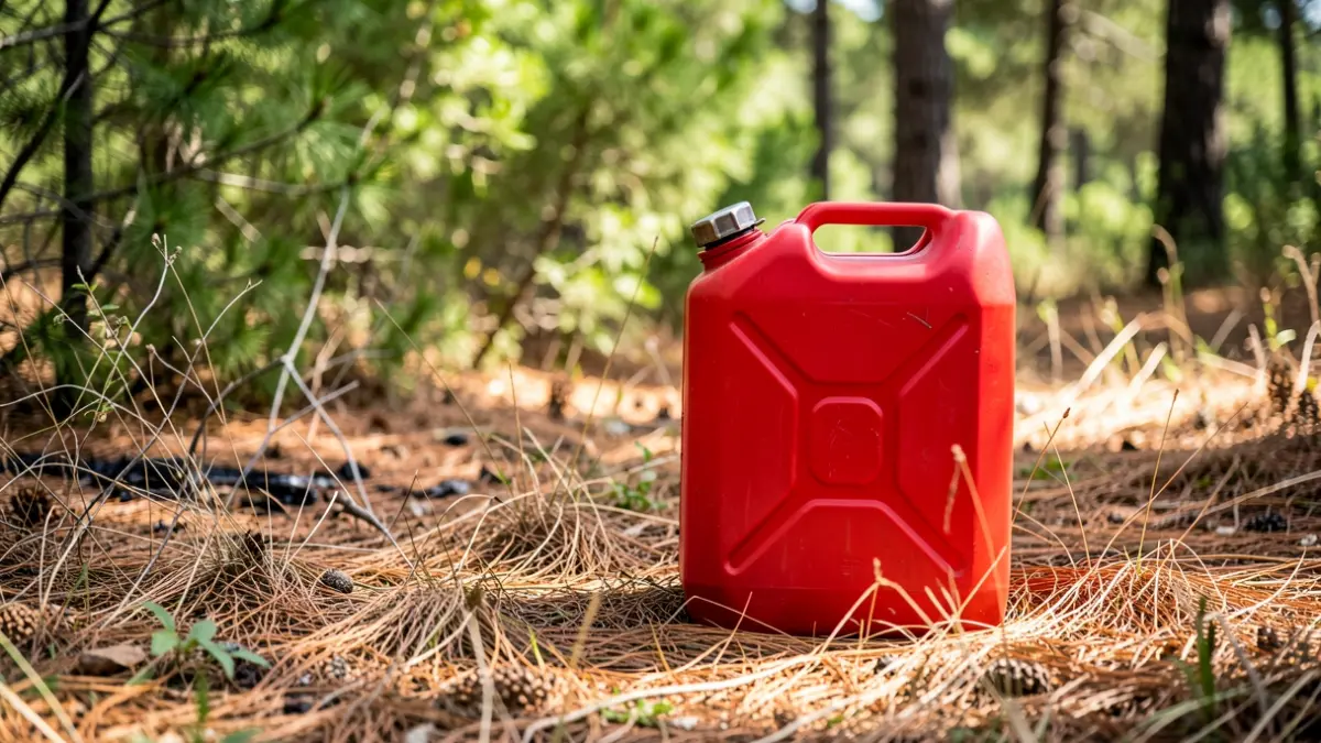 Bidó de gasolina abandonat en una zona forestal de Montanejos, un risc d'incendi.