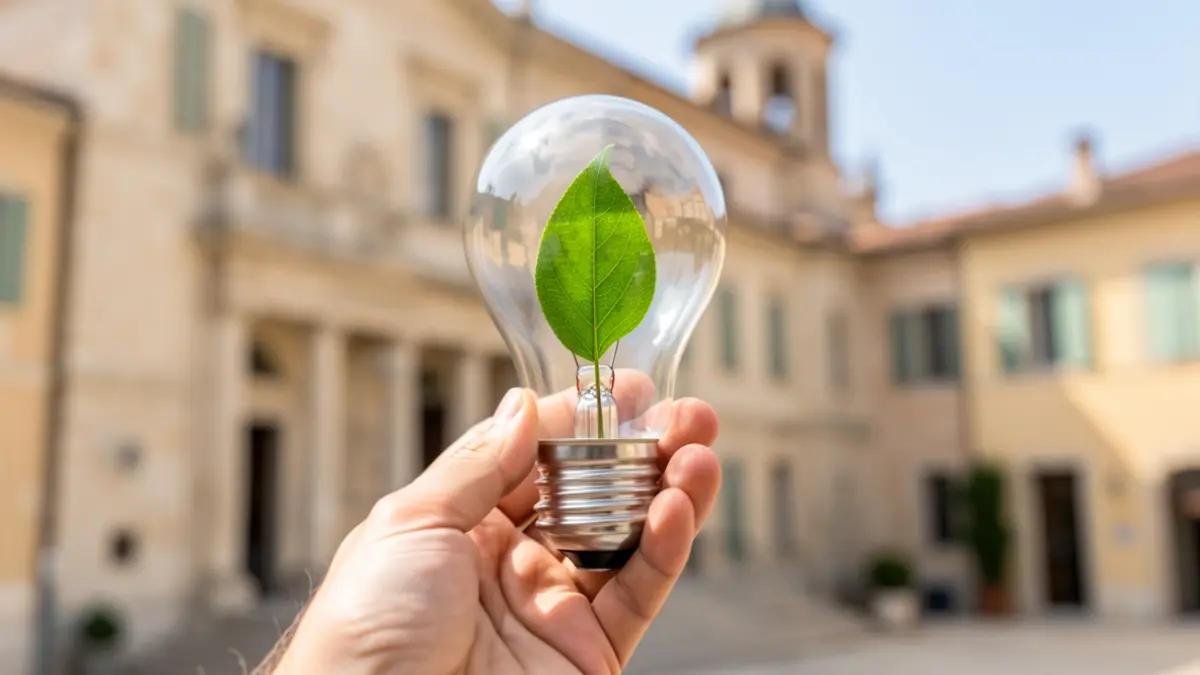Generic image of a light bulb with a green leaf inside, symbolizing energy saving.