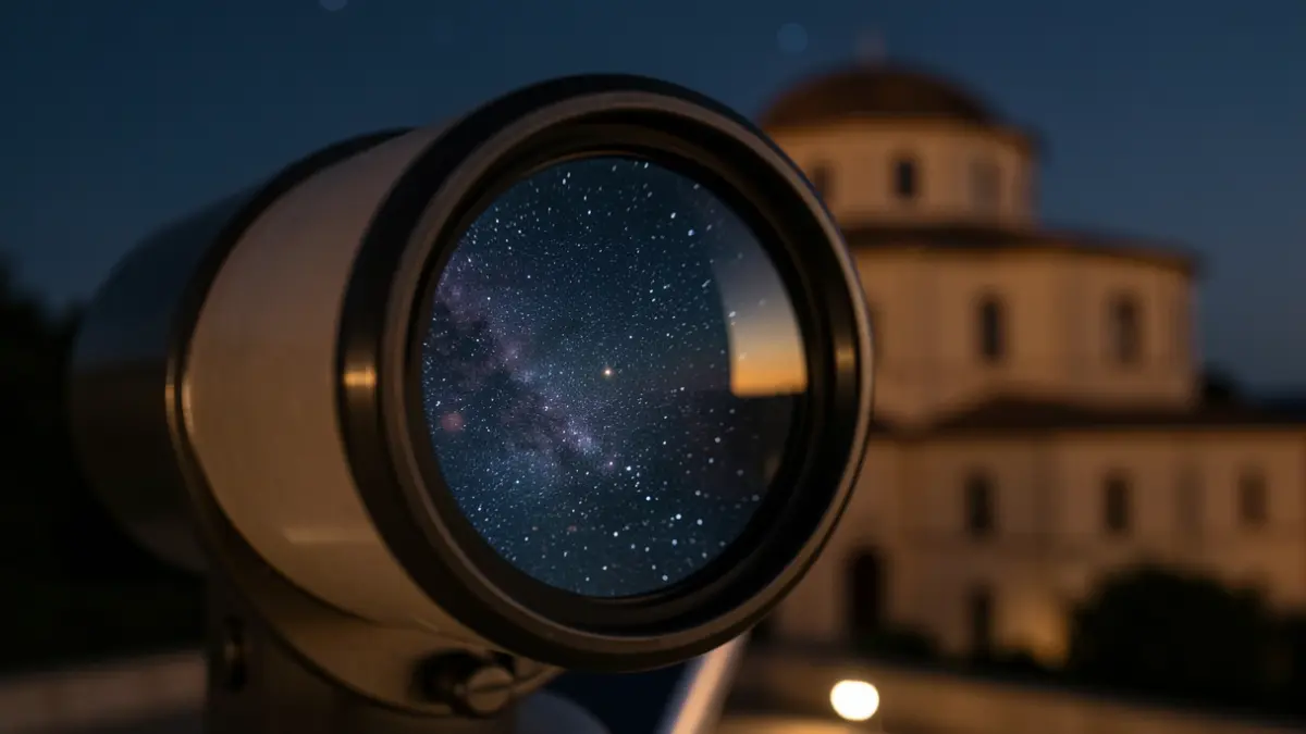 Imatge genèrica d'un telescopi reflectint el cel nocturn davant l'Observatori Astronòmic de la Universitat de València.