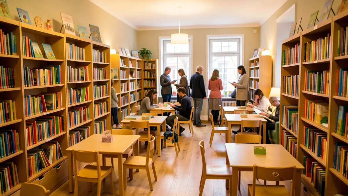 Generic image of a children's library room with bookshelves full of books and child-sized furniture.