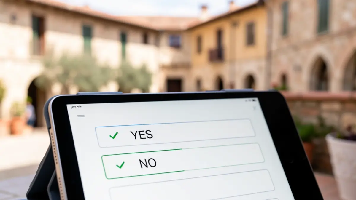 Imatge genèrica d'un qüestionari digital en una tauleta amb opcions de 'SÍ' i 'NO', amb un fons arquitectònic mediterrani difuminat.