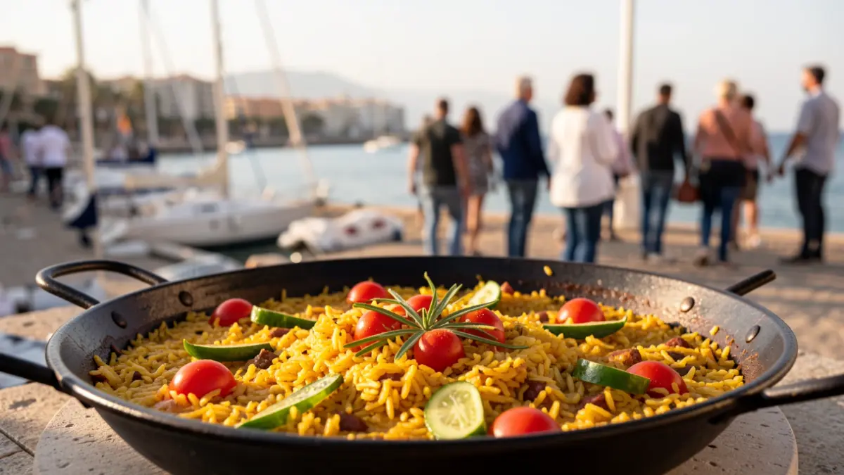 Imatge d'una paella tradicional cuinada en directe durant el World Paella Day en la Marina de València.