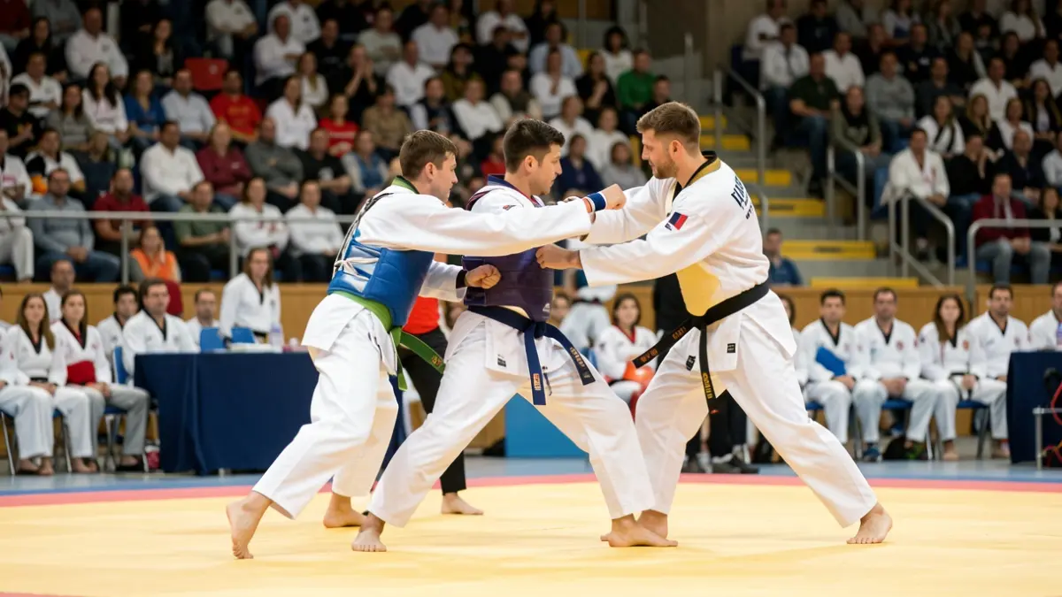 Imatge genèrica d'esportistes de taekwondo competint en un pavelló.
