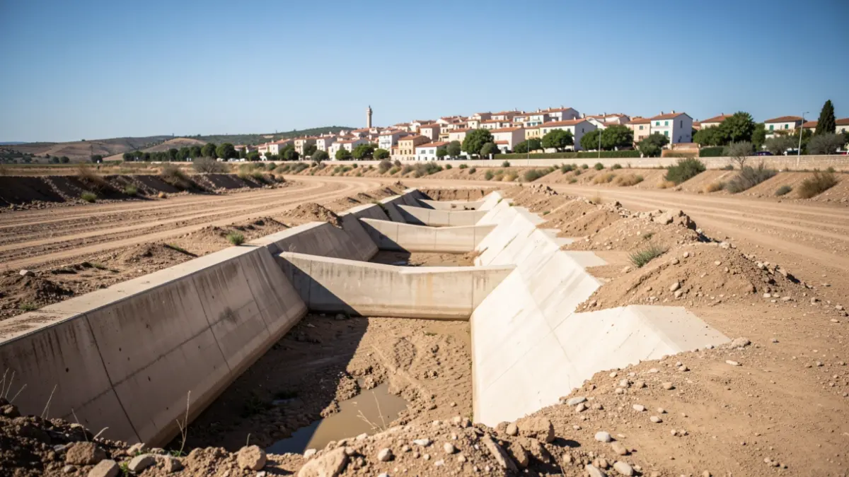 Imagen genérica de un lecho de río seco con grandes canales de hormigón vacíos, sugiriendo un riesgo de inundación.