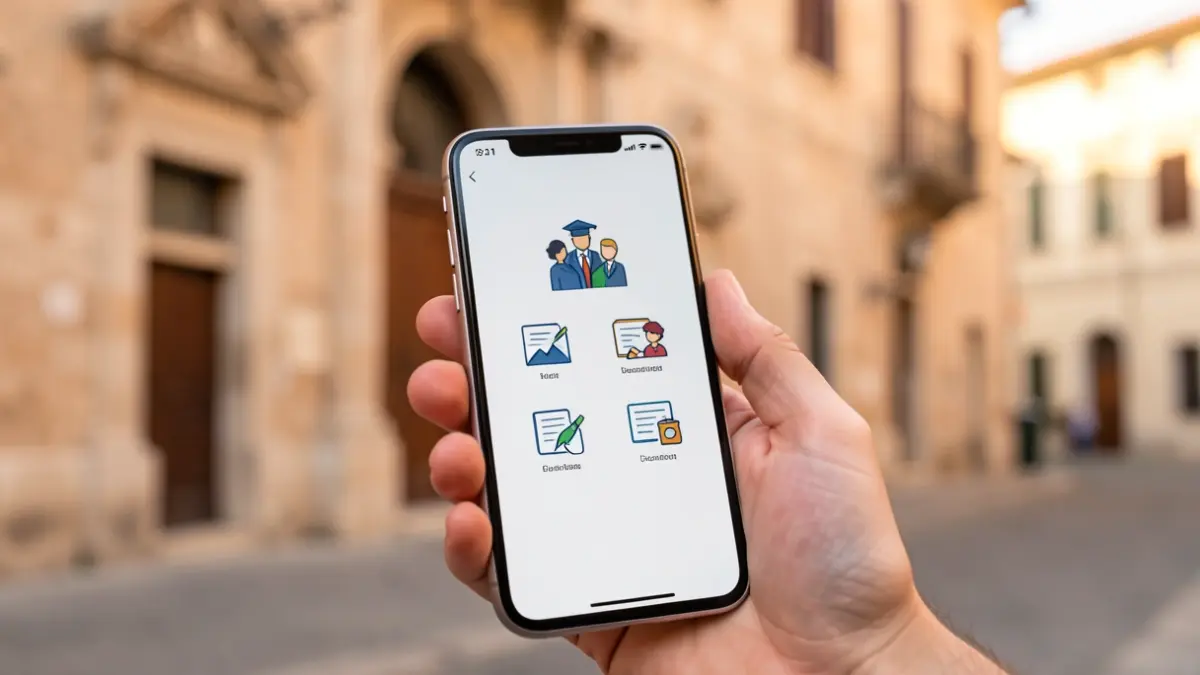 Generic image of a mobile phone with a business and education interface in front of a municipal building.