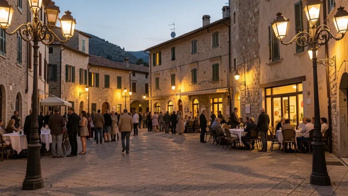 Imatge genèrica d'una plaça de poble mediterrani al capvespre amb llums càlides.