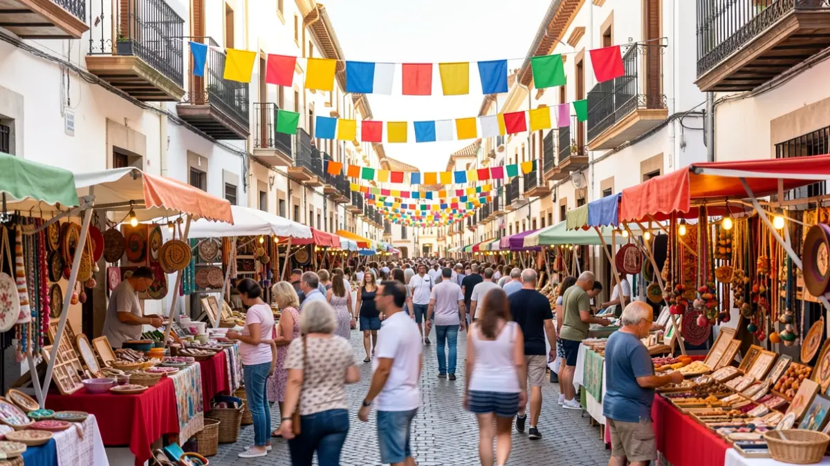 Imagen genérica de una feria popular en un pueblo valenciano con puestos y gente disfrutando.
