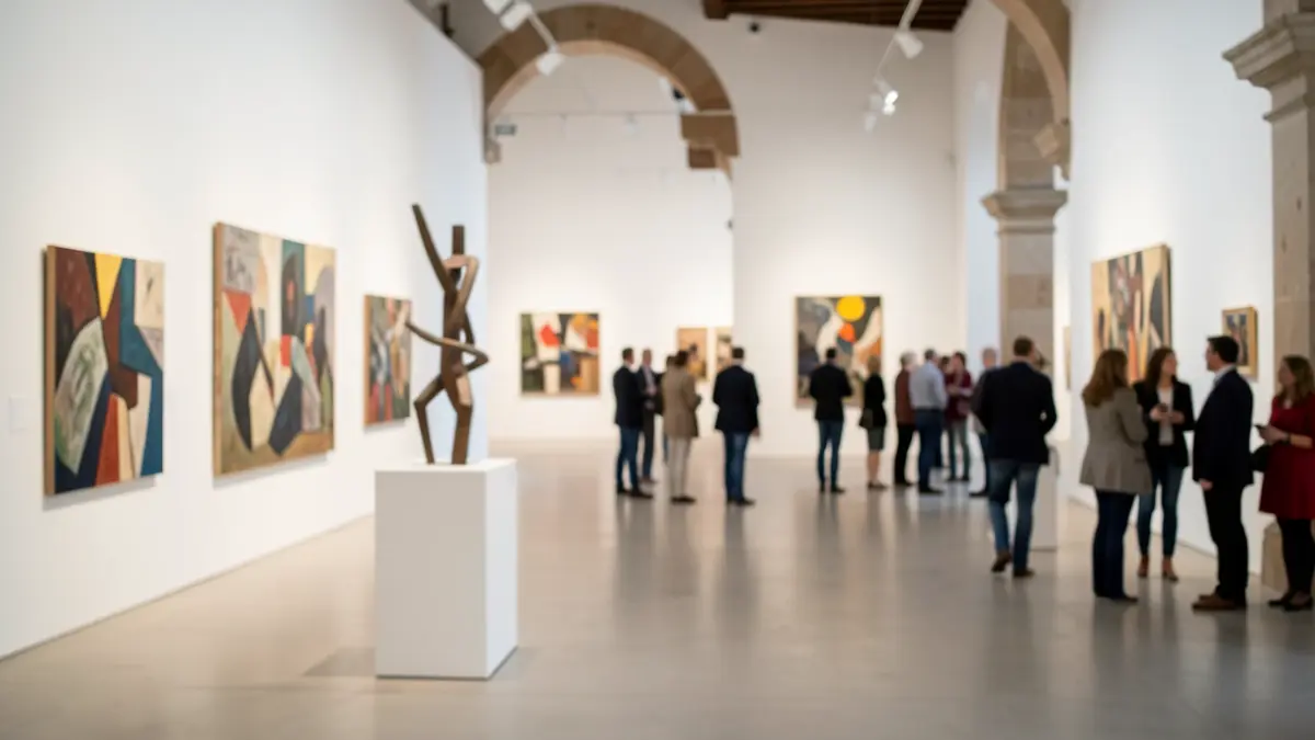 Generic image of a contemporary art exhibition hall with sculptures and paintings.