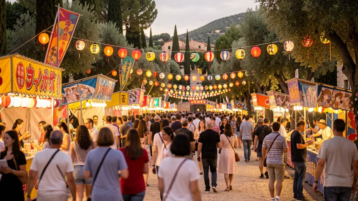 Imagen genérica de un festival japonés con elementos de cultura friki en un parque.