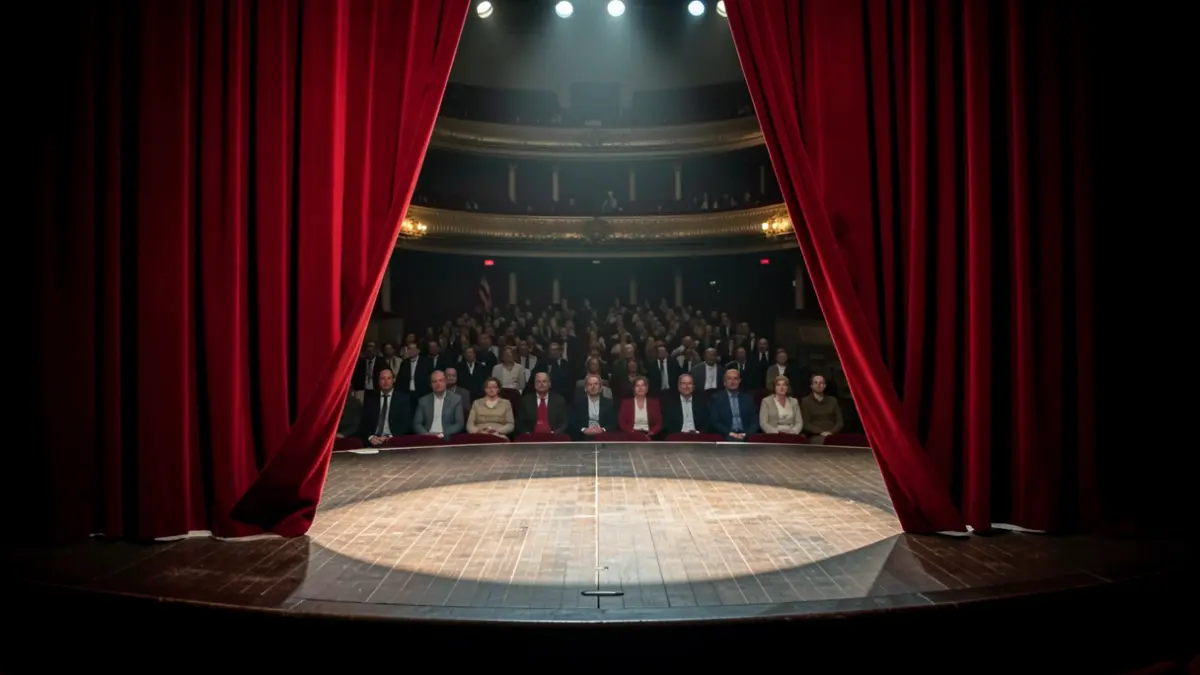 Imagen genérica de un escenario de teatro vacío con cortinas rojas.