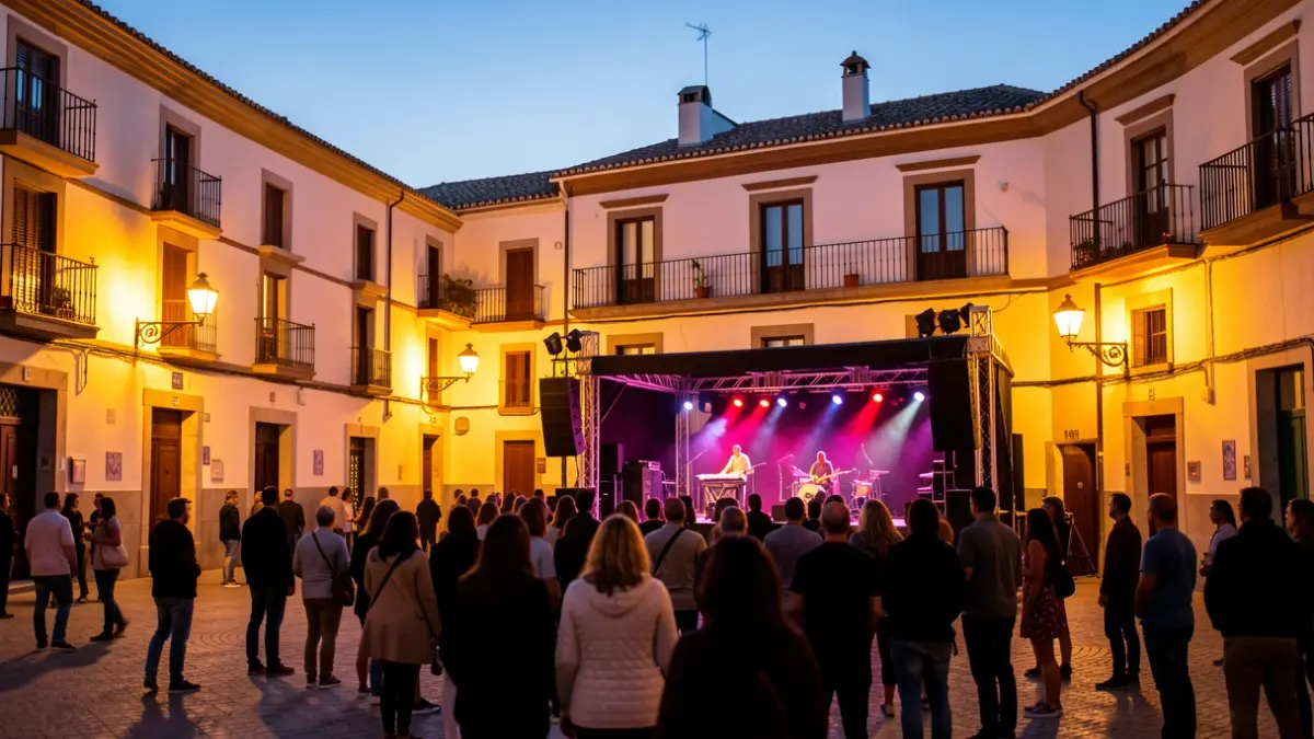 Generic image of a Valencian town square illuminated at night, with a stage set for a concert and a blurred crowd.