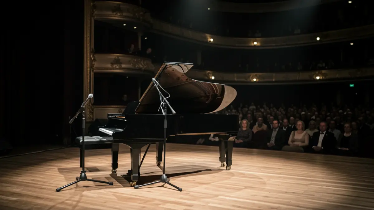 Generic image of a theater stage with a piano and a microphone.