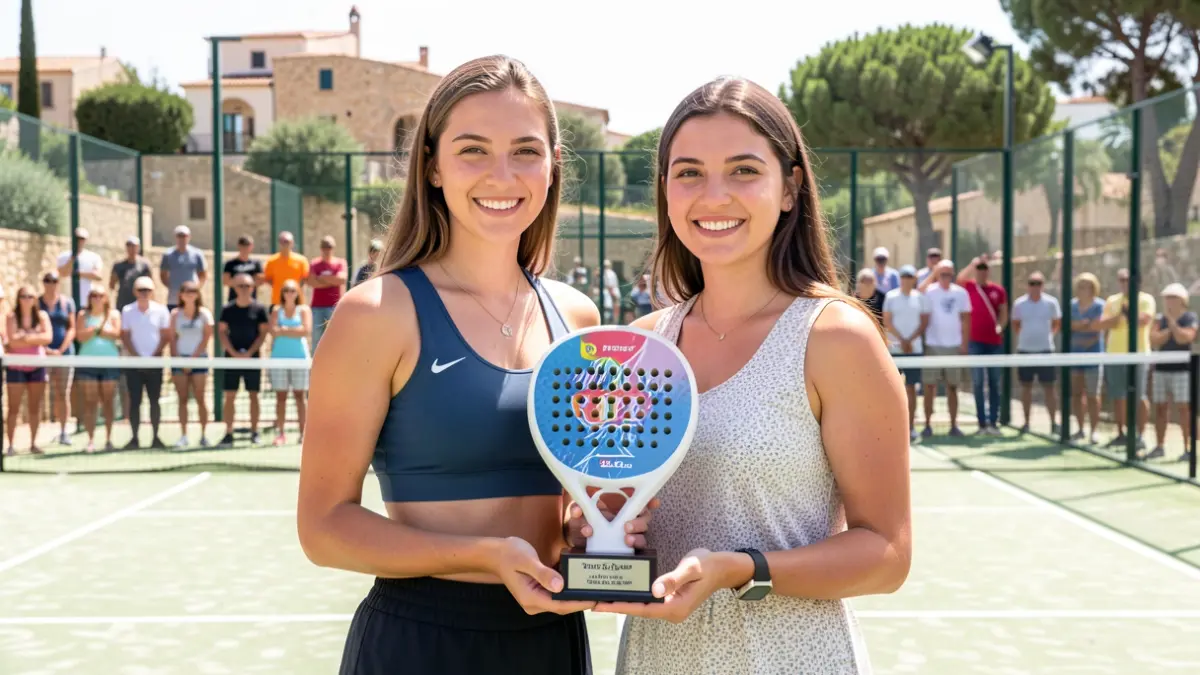 Generic image of two young female padel players with a trophy.