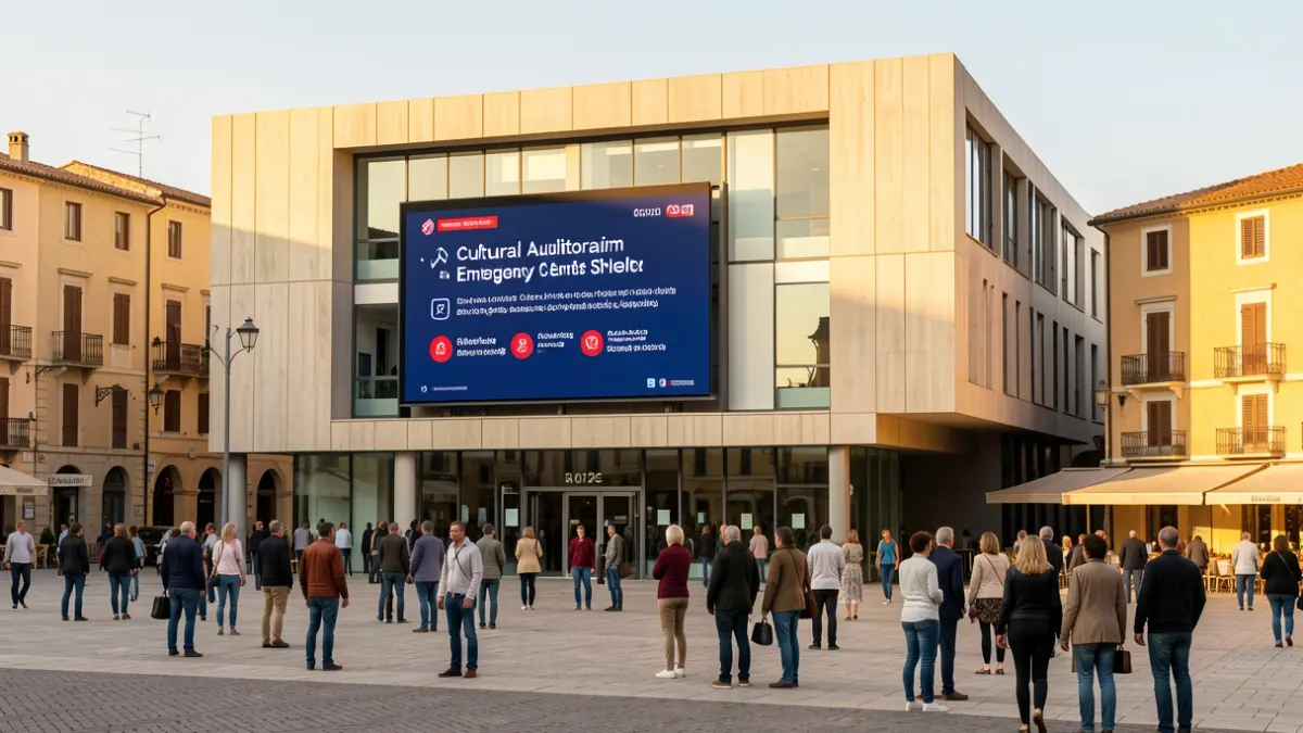 Generic image of an auditorium-shelter with an information screen.