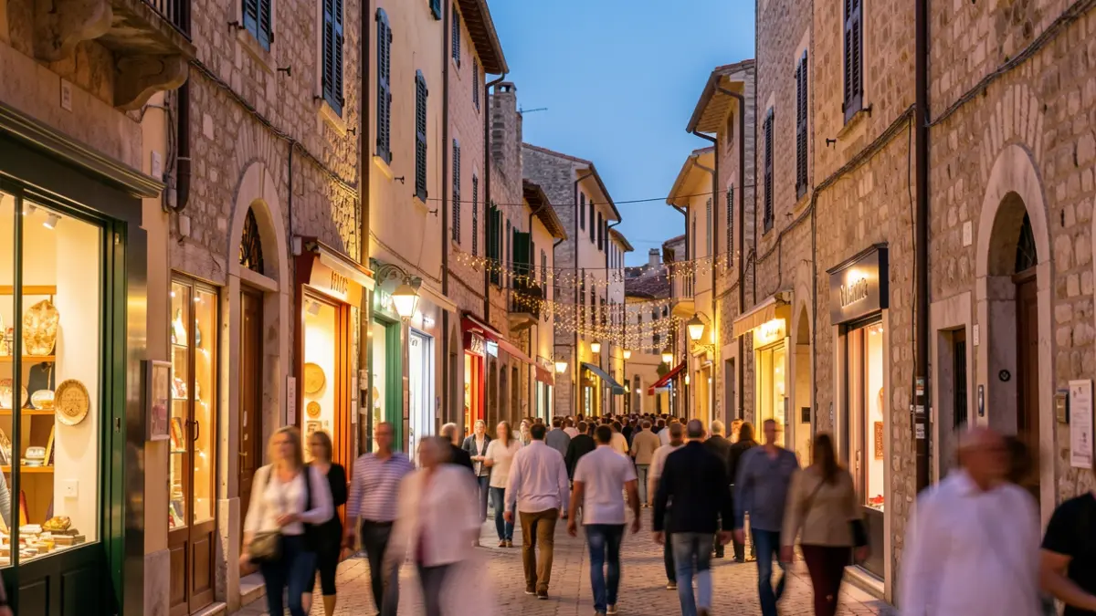 Imatge genèrica d'un carrer mediterrani il·luminat al vespre, amb comerços oberts i gent al fons.