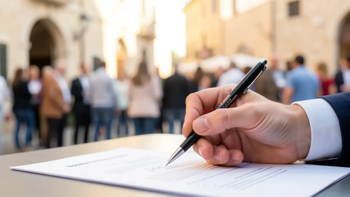 Imatge genèrica d'una mà a punt de signar un document amb símbols mèdics al fons.